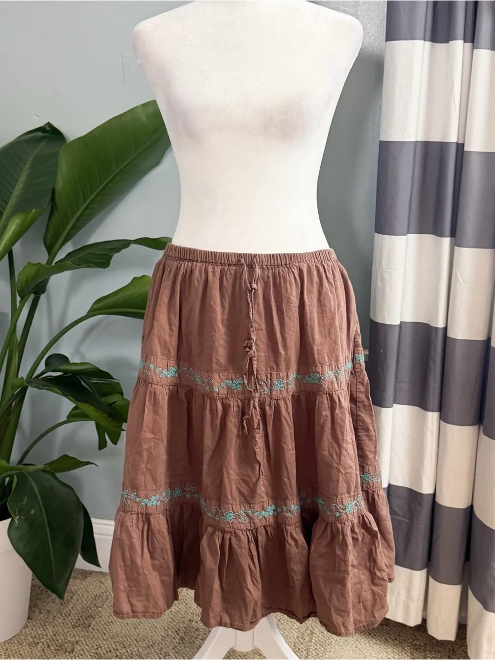 SO Rust Brown Tiered Midi Skirt with Turquoise Embroidery